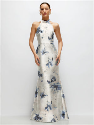 Floral satin trumpet dress, high neck halter, open back, white base with deep blue flowers