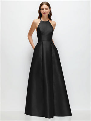 Black satin A-line maxi dress with halter neckline and fitted waist