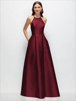 Burgundy satin halter A-line maxi dress with jewel neckline and voluminous skirt