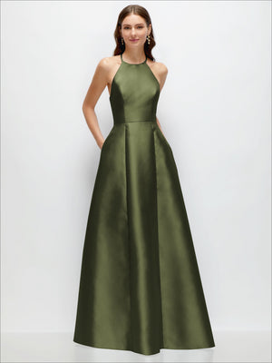 Olive green satin maxi dress with jewel halter neckline and A-line full skirt, sleeveless