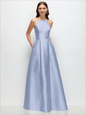 Powder blue satin halter maxi dress, jewel neckline, A-line full skirt