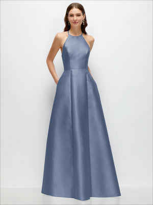 Blue halter satin A-line maxi dress with jewel neckline and pleated flared skirt