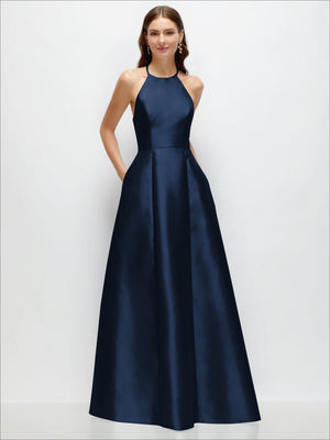 Navy satin halter maxi dress with fitted waist and full A-line skirt
