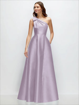 Lavender satin one-shoulder maxi dress with bow detail and A-line skirt