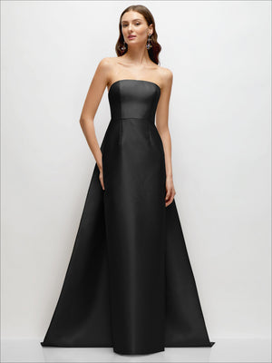 Black strapless satin column dress with straight neckline and long back train