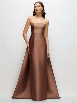 Cognac brown strapless satin column dress with long removable train, full-length