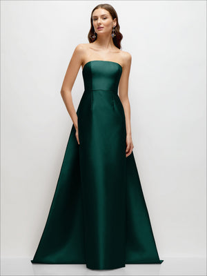 Hunter green satin strapless column dress, fitted waist and subtle skirt pleats
