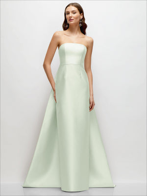 Mint green satin strapless column dress with subtle watteau train