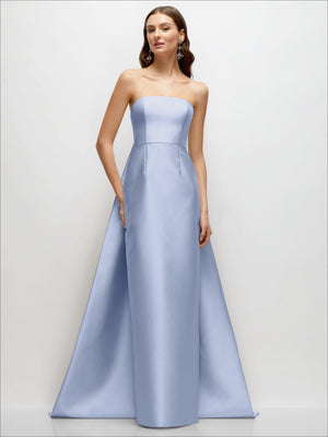 Light blue satin strapless column dress with watteau train, front view