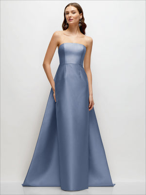 Powder blue strapless satin column dress with straight neckline and long back train