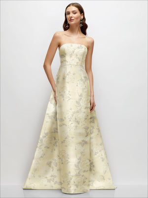 Strapless floral satin column dress, light ivory with subtle gold-toned print