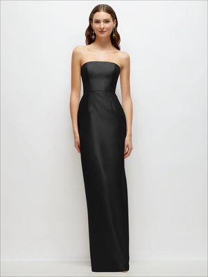 Black strapless satin column dress with straight neckline and sleek fitted shape