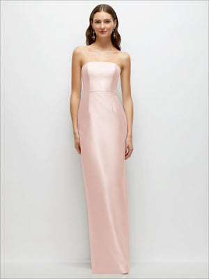 Blush pink strapless satin column dress with fitted bodice and back slit