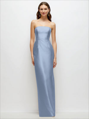 Satin strapless column dress in powder blue with fitted waist seam and floor-length hem.