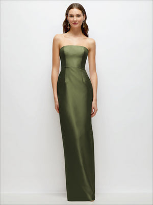 Strapless satin column dress in olive green with strapless neckline