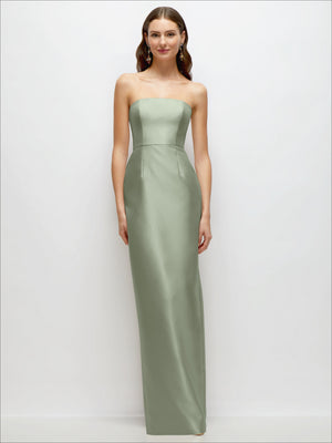 Sage green strapless satin column dress with fitted waist and long straight hem