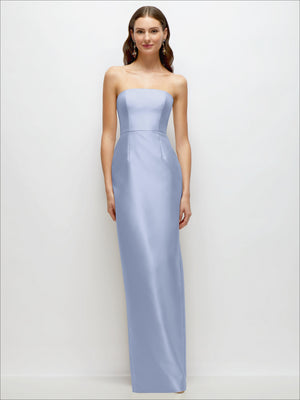 Satin strapless column dress in powder blue with fitted sweetheart bodice and long skirt.