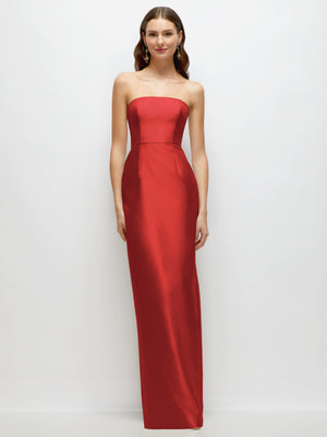 Red strapless satin column dress with fitted waist and long skirt