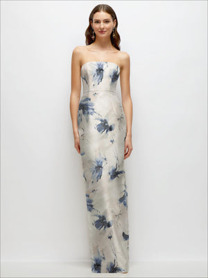 Strapless floral satin column dress in ivory with blue floral pattern