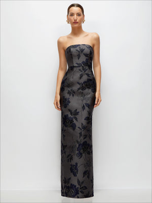 Dark navy strapless column dress with floral metallic jacquard, fitted bodice