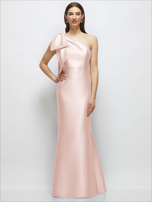 Blush one-shoulder satin maxi dress with shoulder bow and fitted trumpet skirt