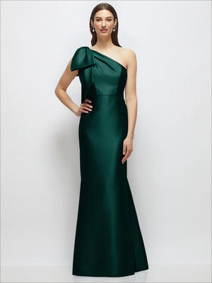 Satin one-shoulder maxi dress in dark green with bow detail and smooth fitted bodice