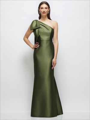 Olive green satin one-shoulder maxi dress with draped bow and trumpet skirt silhouette