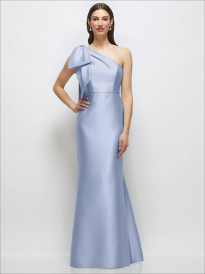Light blue one-shoulder satin maxi dress with bow detail and trumpet skirt