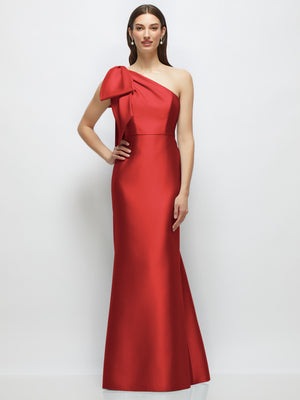 Red one-shoulder satin maxi dress with bow detail and trumpet skirt