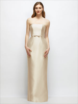 Strapless satin column dress with bow-trimmed skinny belt, champagne-beige, long straight skirt