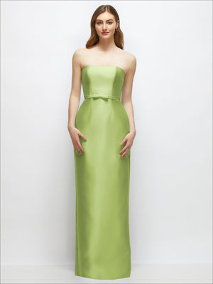 Light green strapless satin column dress with bow-trimmed skinny belt