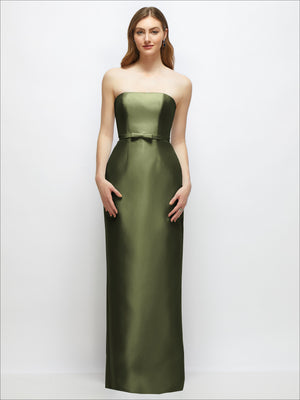 Strapless satin column dress with skinny belt and bow trim, olive green, sleek column.