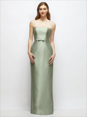 Soft gray-green strapless satin column dress with bow-trimmed skinny belt