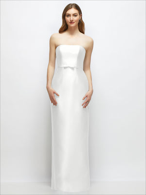 Ivory strapless satin column dress with skinny belt and bow trim, straight-on front