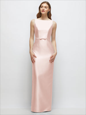 Satin column dress with bateau neckline, sleeveless, slim belt with bow trim, blush pink