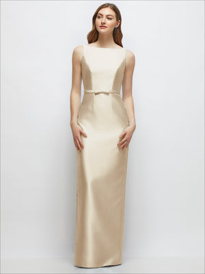 Satin column dress with bateau neckline and slim belt, ivory