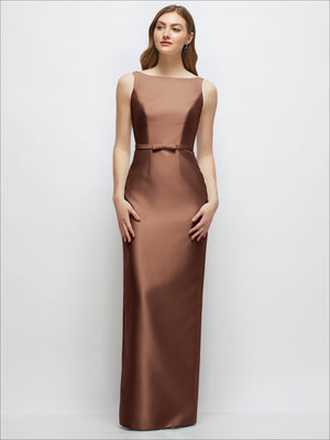 Satin column dress with bateau neckline and slim belt, burgundy-brown