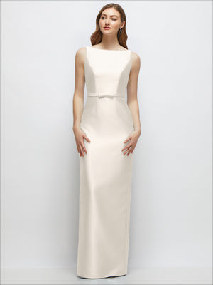 Ivory satin column dress with sleeveless bateau neckline and skinny belt
