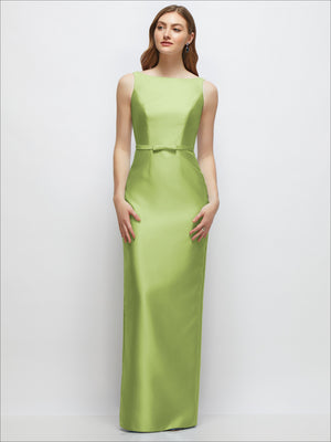 Satin column dress with bateau neckline, sleeveless, slim belt with bow trim, lime green