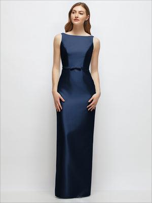 Sleeveless satin column dress with bateau neckline and bow-trim skinny belt, dark blue, centered