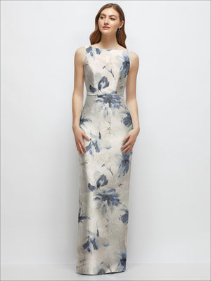 Ivory satin column dress with blue floral print and bow-trimmed skinny belt