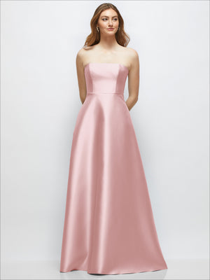 Strapless satin gown with full skirt in blush pink, front view with clean strapless top.