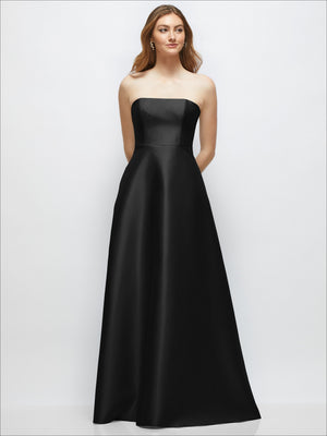 Black strapless satin gown with full skirt and smooth fitted bodice