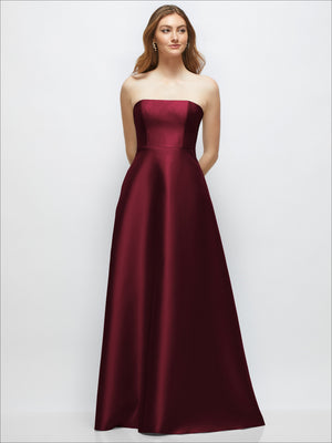Burgundy strapless satin gown with fitted waist and full A-line skirt, front view