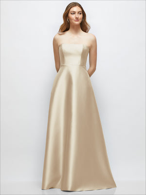 Champagne strapless satin gown with fitted bodice and full A-line skirt