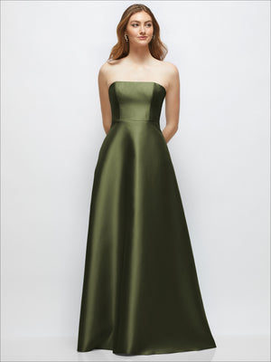 Olive strapless satin gown with fitted bodice and full skirt; covered buttons at back