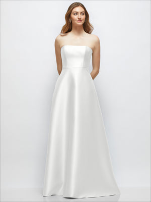 Ivory strapless satin gown with full skirt, fitted bodice