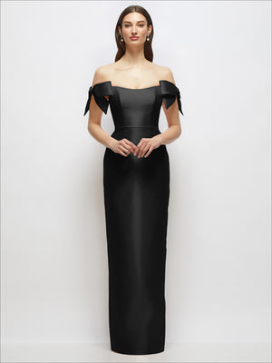 Black satin column maxi dress with off-the-shoulder neckline and shoulder bow details