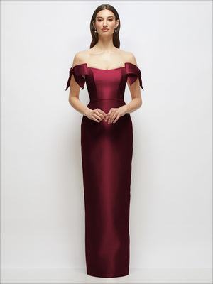 Burgundy satin off-the-shoulder column maxi dress with bow sleeves