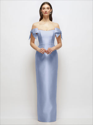 Basque-neck satin column maxi dress, light blue satin, off-shoulder bow details
